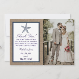 Tarjeta De Agradecimiento La colección de bodas Starfish Burlap Beach de la