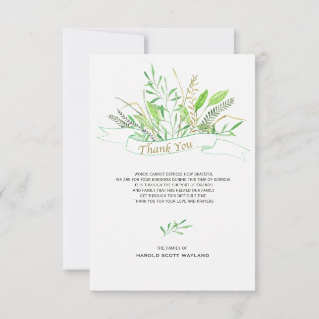 Tarjeta De Agradecimiento La condolencia de las hierbas le agradece cardar (Anverso)