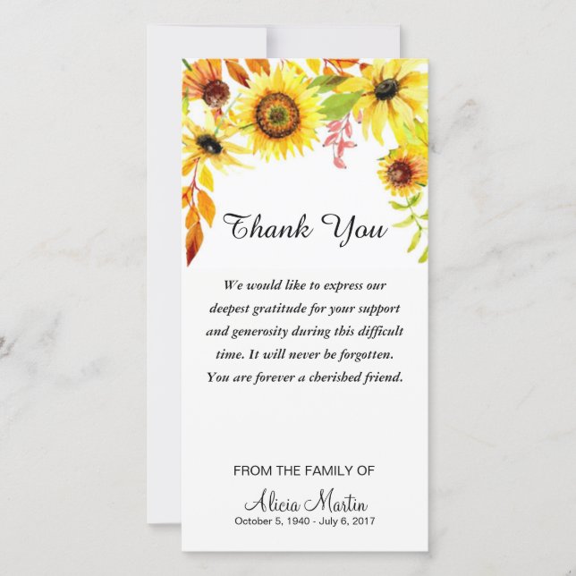 Tarjeta De Agradecimiento La condolencia le agradece los girasoles (Anverso)