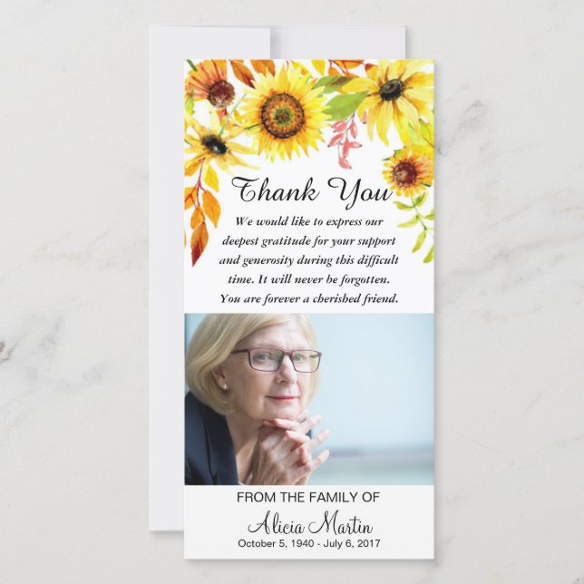 Tarjeta De Agradecimiento La condolencia le agradece los girasoles florales (Anverso)