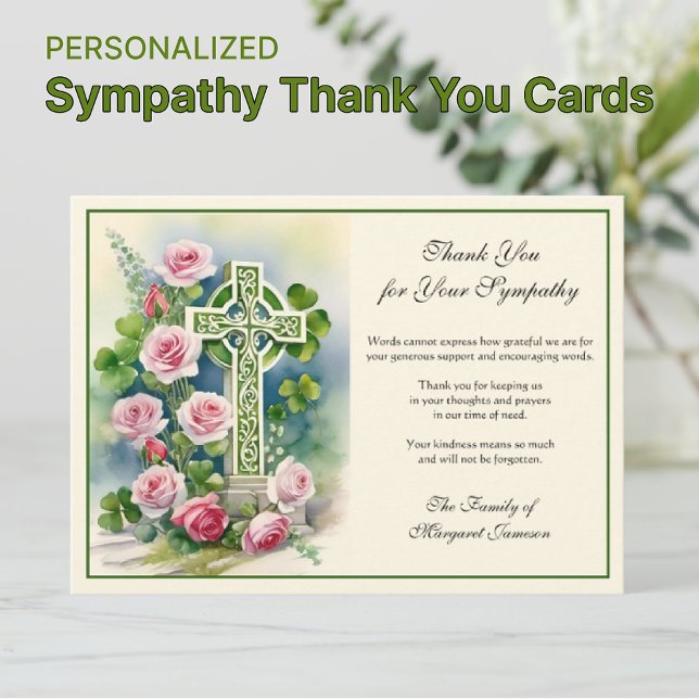 Tarjeta De Agradecimiento La cruz celta irlandesa se avergüenza de la condol (Irish Celtic Cross with pink roses sympathy condolence thank you cards)