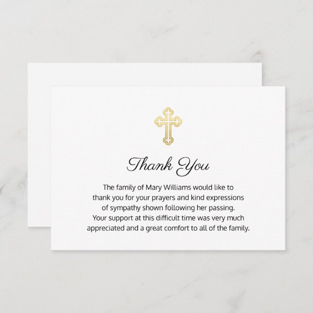 Tarjeta De Agradecimiento La Cruz de Oro del funeral religioso Gracias (Anverso / Reverso)
