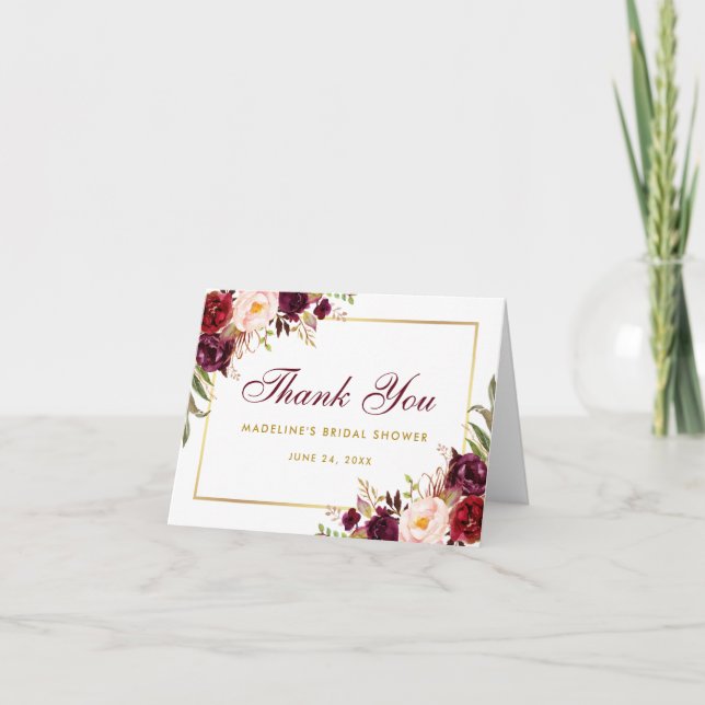 Tarjeta De Agradecimiento La ducha nupcial del oro floral de Borgoña (Anverso)