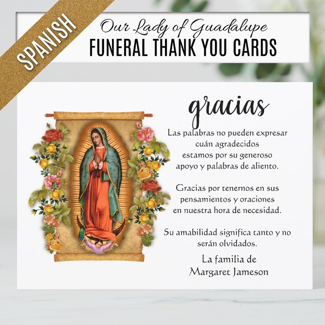 Tarjeta De Agradecimiento La española Mary Guadalupe Gracias Condolencia (Funeral Thank You cards with  Spanish Catholic image of Our Lady of Guadalupe with roses)