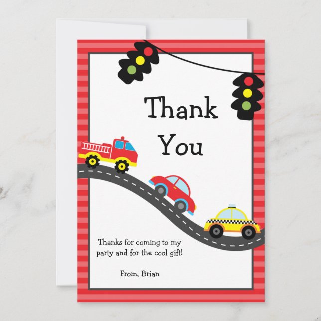 Tarjeta De Agradecimiento La fiesta de cumpleaños de los coches le agradece (Anverso)