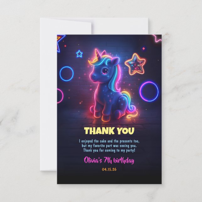 Tarjeta De Agradecimiento La fiesta de cumpleaños de Unicorn Neon Gracias (Anverso)