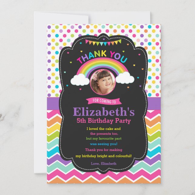 Tarjeta De Agradecimiento La fiesta de cumpleaños del arco iris le agradece (Anverso)