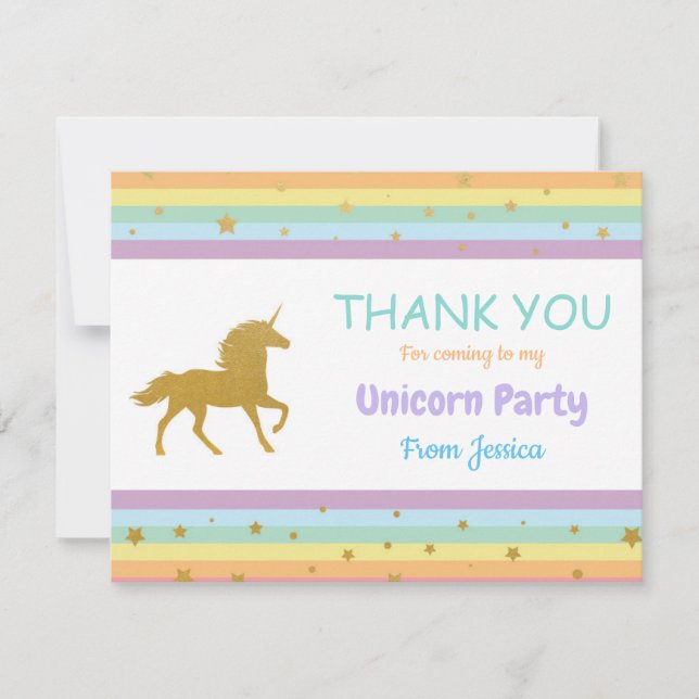 Tarjeta De Agradecimiento La fiesta de cumpleaños del unicornio le agradece (Anverso)