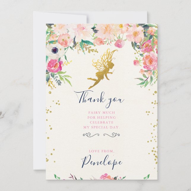 Tarjeta De Agradecimiento La hada y las flores le agradecen cardar (Anverso)
