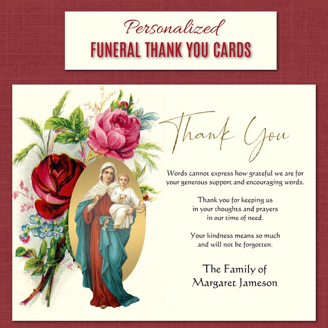 Tarjeta De Agradecimiento La Iglesia Católica María Jesús Condolencia Gracia (Personalized Queen of the Rosary with Jesus Funeral Sympathy Thank You Cards)