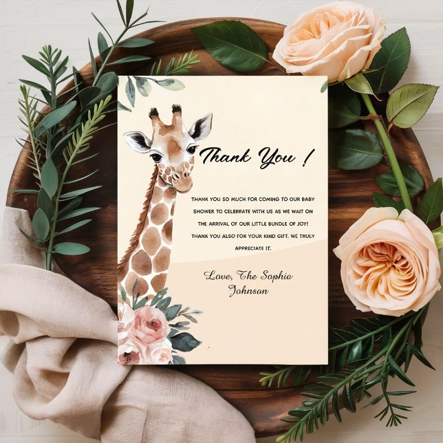 Tarjeta De Agradecimiento La jirafa floral rosa Safari Baby Shower Gracias (Subido por el creador)