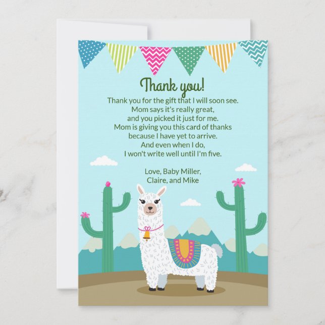 Tarjeta De Agradecimiento La llama Baby Shower de la alpaca le agradece (Anverso)