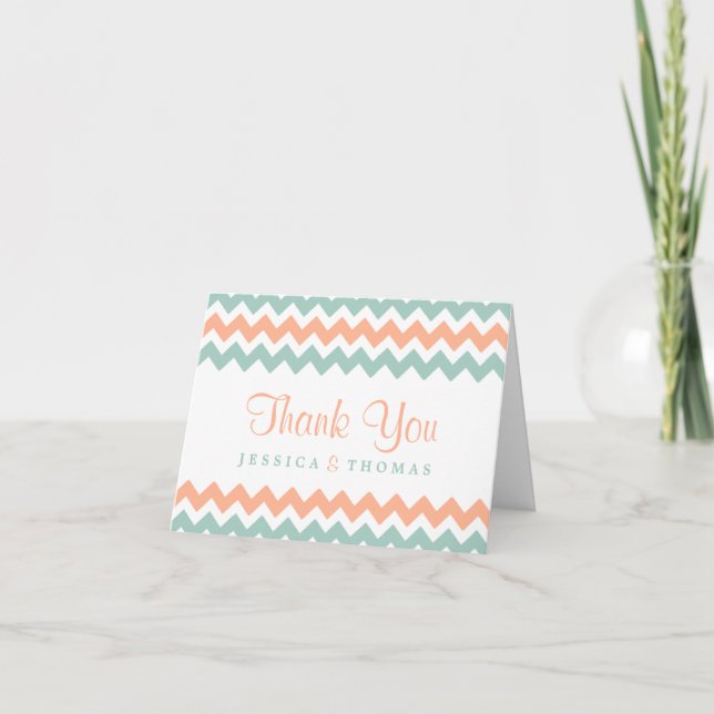 Tarjeta De Agradecimiento La moderna colección de Bodas Chevron Peach & Mint (Anverso)