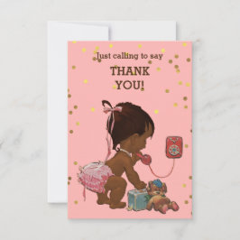 Tarjeta De Agradecimiento La niña étnica del confeti del oro en el teléfono