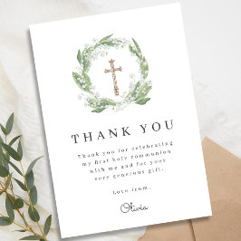 Tarjeta De Agradecimiento La primera comunión de la vegetación floral blanca