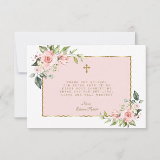 Tarjeta De Agradecimiento La primera comunión sagrada de las flores rosadas