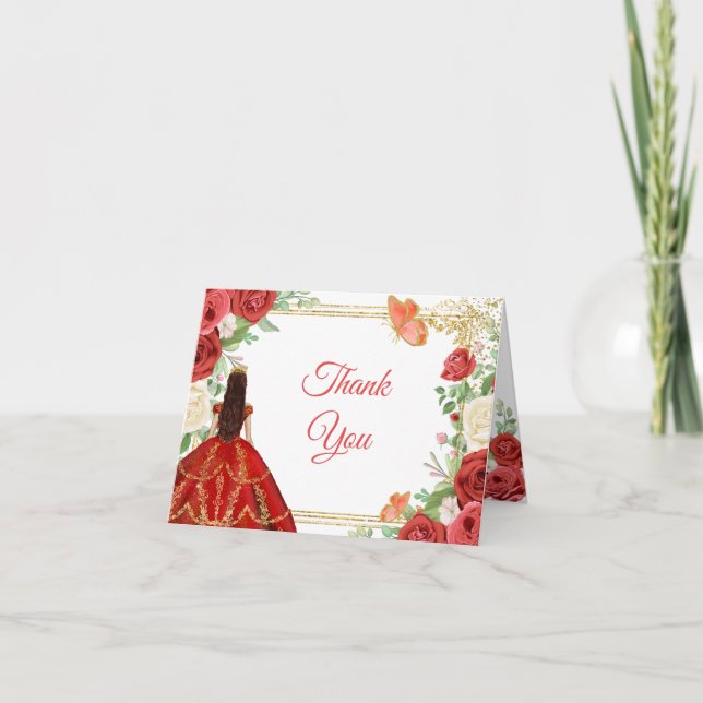 Tarjeta De Agradecimiento La princesa quinceanera doblada de las rosas rojas (Anverso)