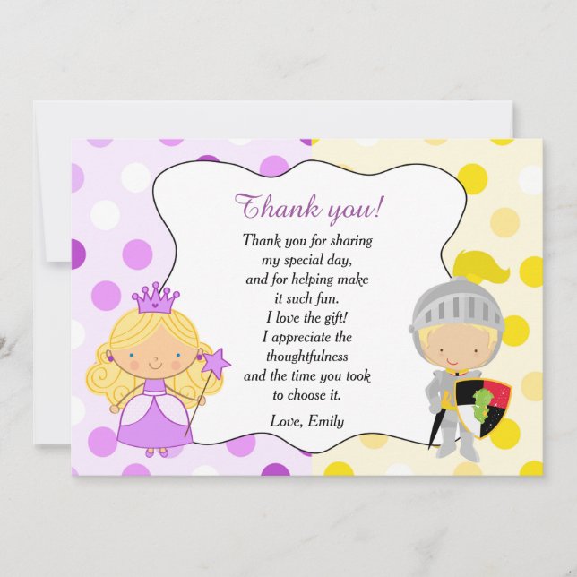 Tarjeta De Agradecimiento La princesa y el caballero le agradecen cardar (Anverso)