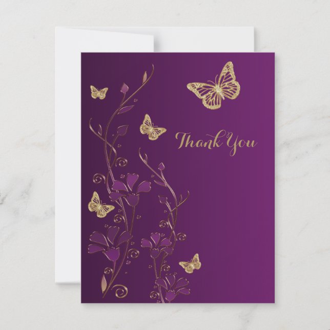 Tarjeta De Agradecimiento La púrpura, oro floral, mariposas le agradece (Anverso)