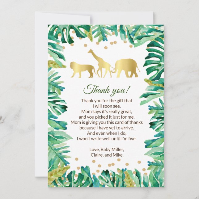 Tarjeta De Agradecimiento La selva Baby Shower le agradece cardar animales (Anverso)