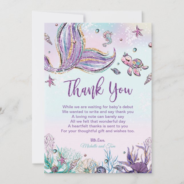 Tarjeta De Agradecimiento La sirena Baby Shower bajo el mar (Anverso)