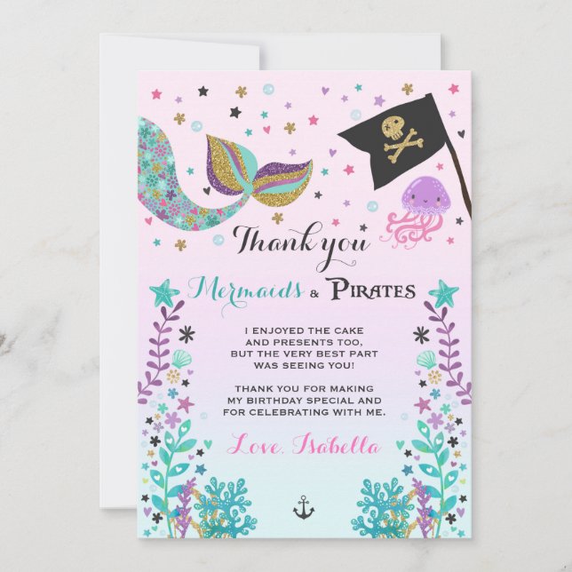 Tarjeta De Agradecimiento La sirena y el pirata le agradecen cardar (Anverso)