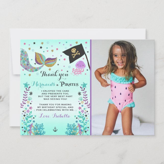 Tarjeta De Agradecimiento La sirena y el pirata le agradecen cardar (Anverso)