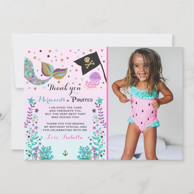 Tarjeta De Agradecimiento La sirena y el pirata le agradecen cardar (Anverso)