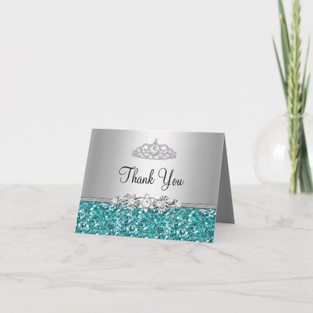 Tarjeta De Agradecimiento La tiara verde azulada del purpurina y del (Anverso)