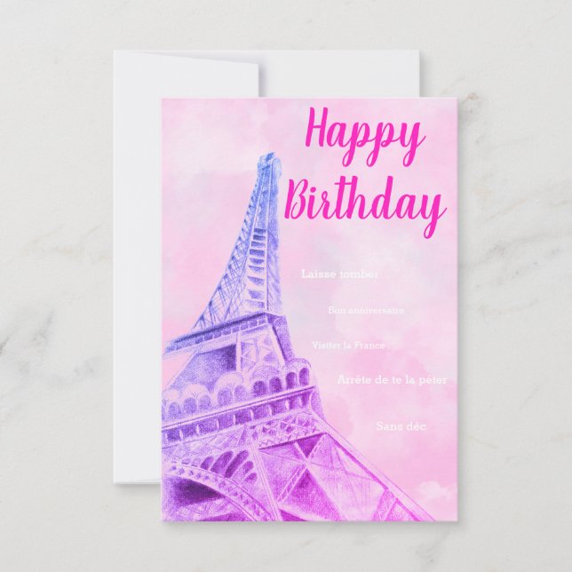 Tarjeta De Agradecimiento La Torre Eiffel Pink Feliz cumpleaños (Anverso)