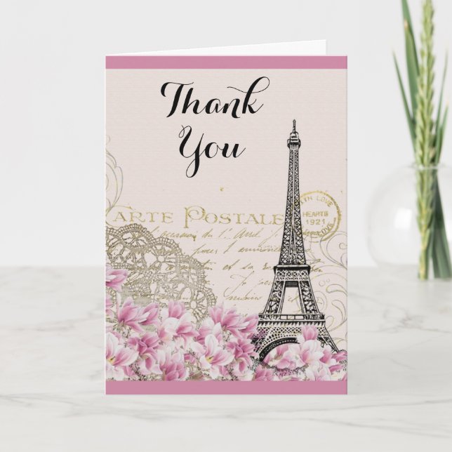 Tarjeta De Agradecimiento La Torre Eiffel Vintage con flores rosadas Gracias (Anverso)