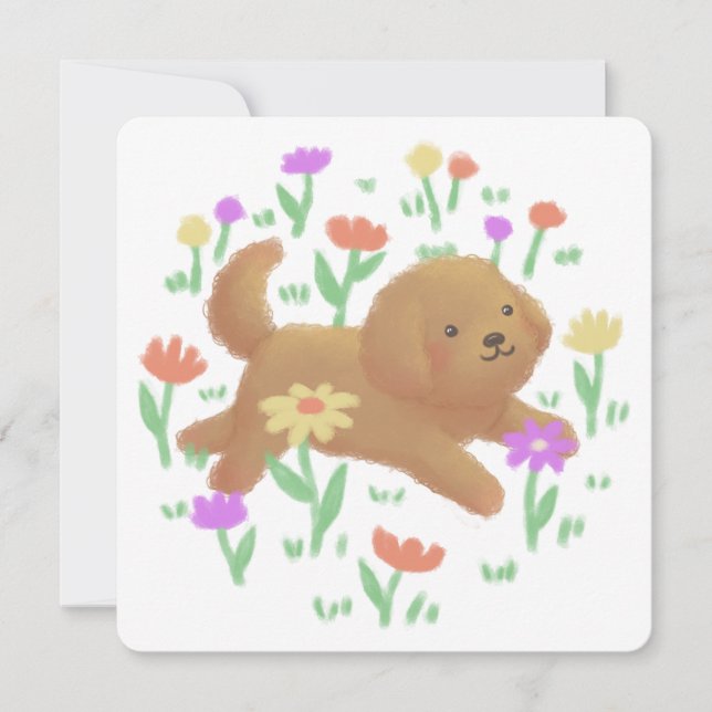 Tarjeta De Agradecimiento Labradoodle con Ilustracion de flores (Anverso)
