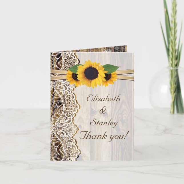 Tarjeta De Agradecimiento Lace, girasoles y boda de madera Gracias (Anverso)