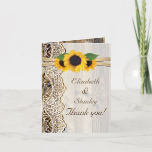 Tarjeta De Agradecimiento Lace, girasoles y boda de madera Gracias