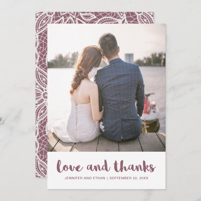 Tarjeta De Agradecimiento Lace Look Mauve Boda Gracias (Anverso / Reverso)