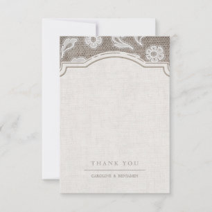 Tarjeta De Agradecimiento Lace y burlap boda rústica de campo gracias