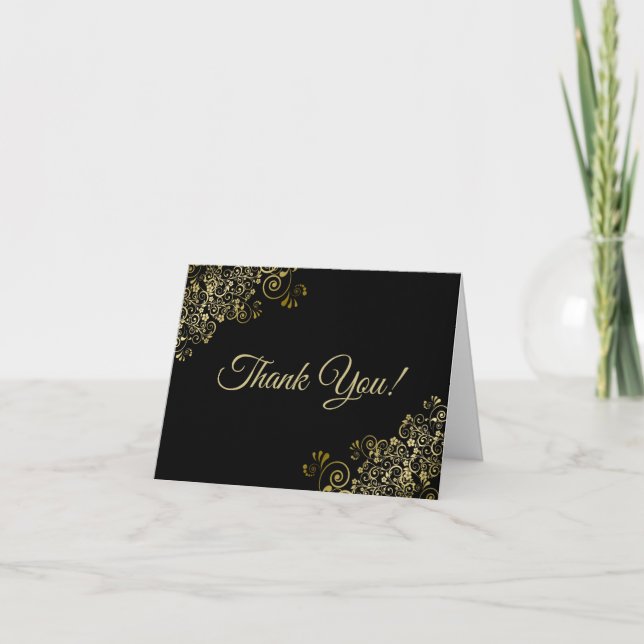 Tarjeta De Agradecimiento Lacy Gold Frills Elegant Boda negro (Anverso)