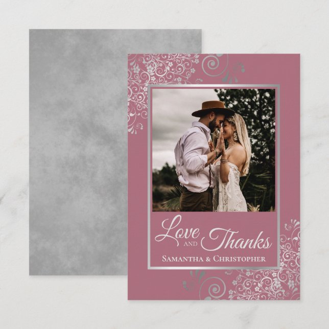 Tarjeta De Agradecimiento Lacy Silver Dusty Rosa Pink Love & Gracias Boda (Anverso / Reverso)
