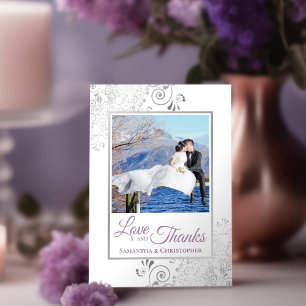 Tarjeta De Agradecimiento Lacy Silver Lavender y White Love & Gracias Boda