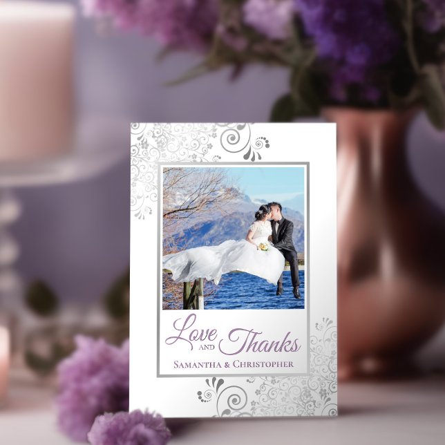 Tarjeta De Agradecimiento Lacy Silver Lavender y White Love & Gracias Boda (Subido por el creador)