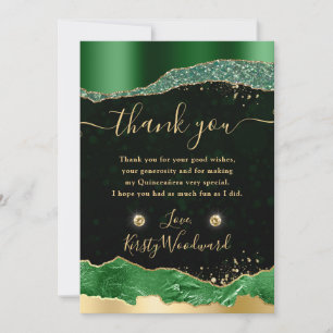 Tarjeta De Agradecimiento Lágrimas de Brillo Verde y Dorado Glam Quinceañera