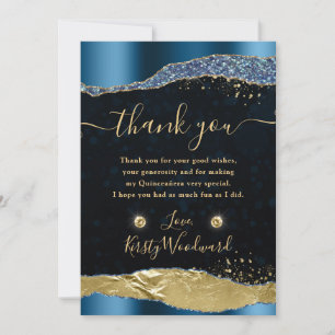 Tarjeta De Agradecimiento Lágrimas de Quinceañera Brillo Azul y Dorado Glamo