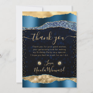 Tarjeta De Agradecimiento Lágrimas Glam de Azul y Dorado Cumpleaños Bokeh
