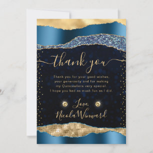 Tarjeta De Agradecimiento Lágrimas Glam de Azul y Oro Bokeh Quinceañera