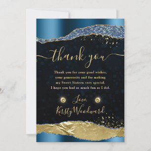 Tarjeta De Agradecimiento Lágrimas Glam Elegantes Brillo Azul y Dorado Dulce