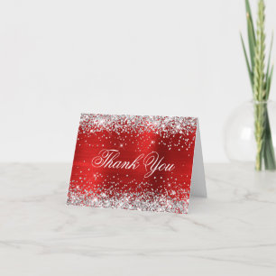 Tarjeta De Agradecimiento Laminado Rojo Brillo Plateado Brillante