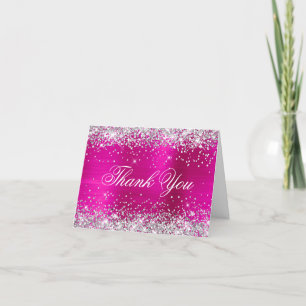 Tarjeta De Agradecimiento Laminado rosa caliente con purpurina plateada bril
