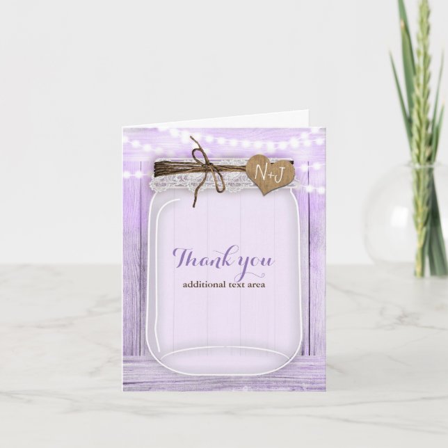 Tarjeta De Agradecimiento Largo Jar Mason y Luces Lavender Rústico Púrpura (Anverso)