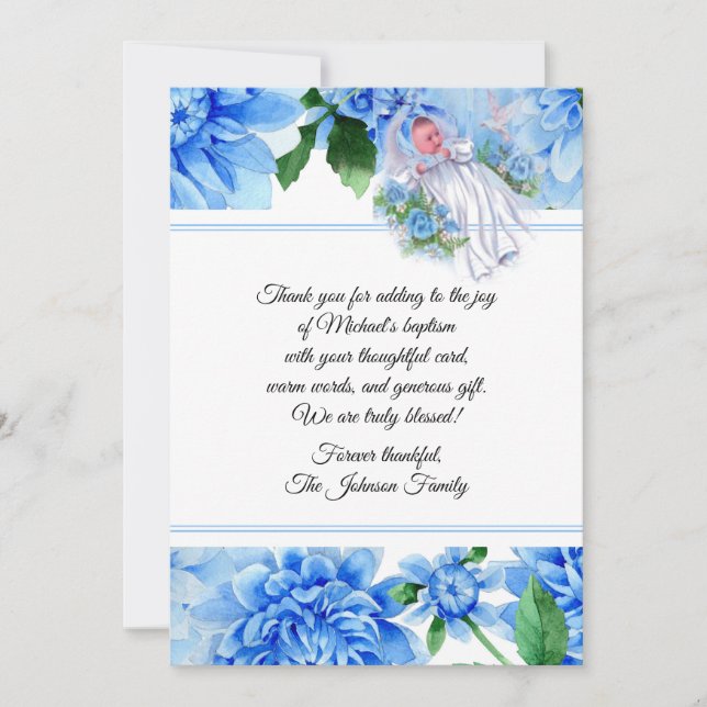 Tarjeta De Agradecimiento Las flores azules del bebé bautismal le agradecen (Anverso)