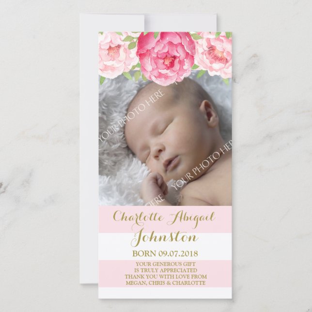 Tarjeta De Agradecimiento Las flores rosadas de las rayas de Rubor le (Anverso)